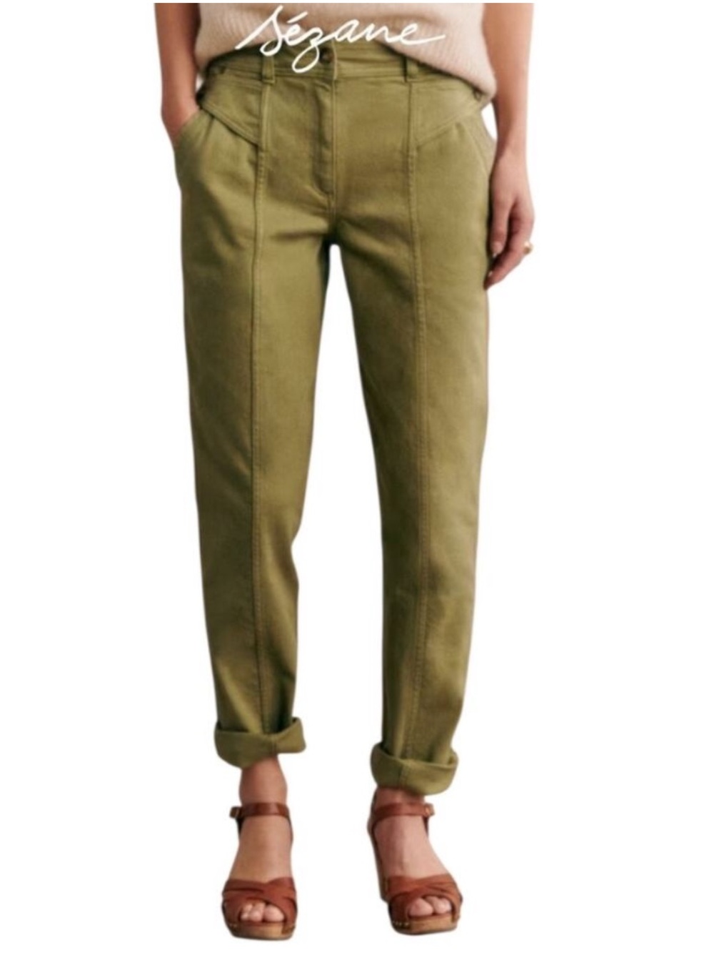 Sezane Herve Trouser in Light Olive Sz 40 Women's Cotton Pants